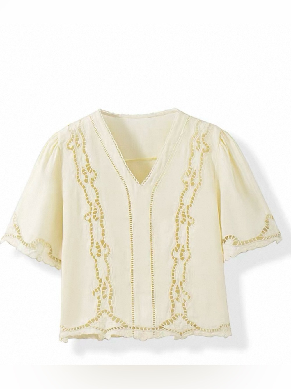 Cream Yellow Cutwork Linen Two-Piece Set